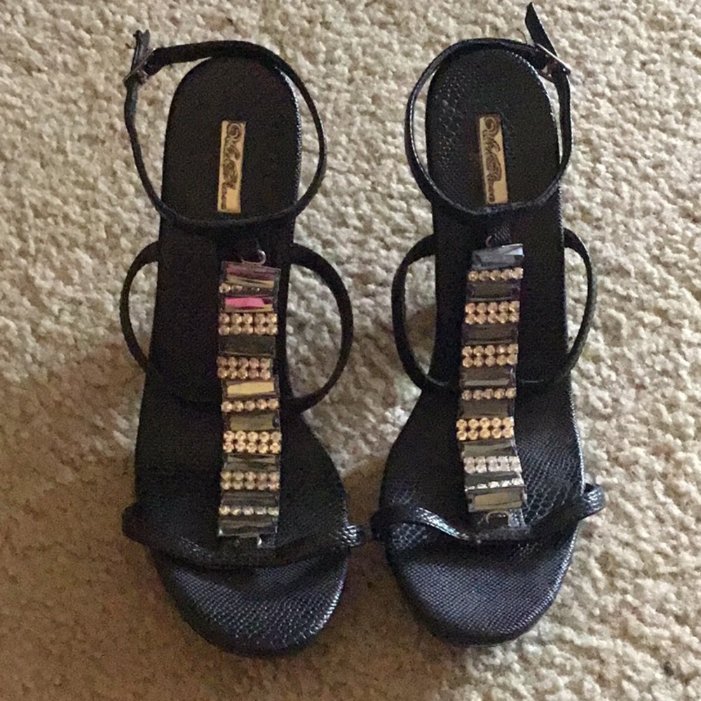 Black and rhinestone open heeled high heels